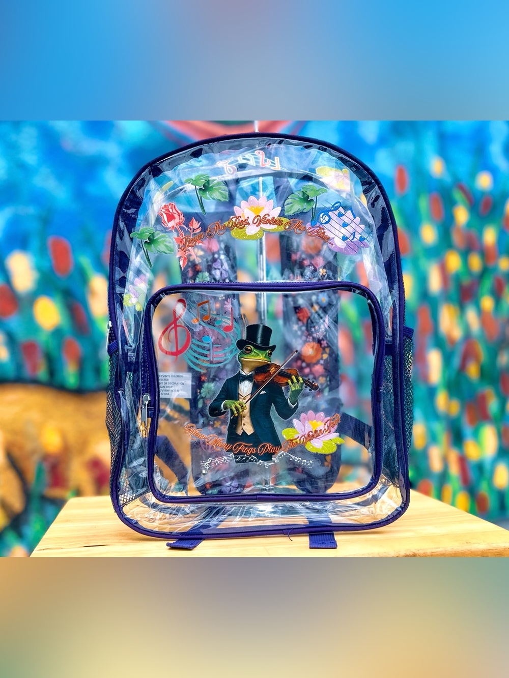 VIOLIN FROG Clear Backpack 15” | Navy Blue with Custom Graphic Print